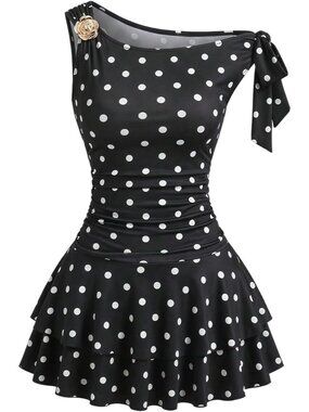 Women's Mini Dress Black Dots Off Shoulder Neck Sleeveless Bodycon Pull Over